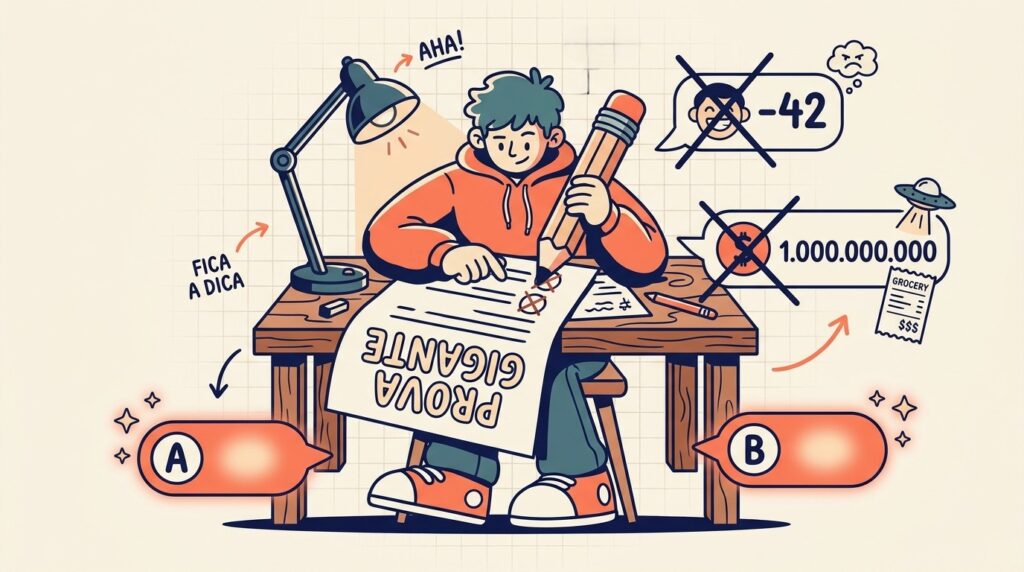 Ilustração em estilo cartoon de um jovem de moletom laranja sentado em uma mesa sob a luz de uma luminária, concentrado em uma folha de exame com o título "PROVA GIGANTE" virado para a frente. Ele segura um lápis enorme e usa a técnica de estimativa e bom senso para descartar respostas absurdas. À direita, balões de diálogo mostram opções irreais riscadas com um grande "X" preto: um número negativo "-42" (com um emoji zangado) e o valor exagerado de "1.000.000.000", além de um cupom de compras de supermercado com cifrões. O cenário em tons pastéis inclui pequenas setas com os textos "AHA!" e "FICA A DICA", além de duas marcações ovais destacando as letras "A" e "B" na parte inferior.