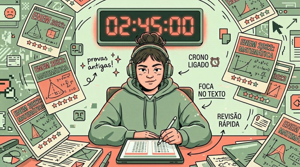 Ilustração digital em estilo cartoon de uma estudante vestindo moletom verde e fones de ouvido, sentada diante de um tablet que simula o preenchimento de um cartão-resposta. Logo acima dela, um grande cronômetro digital brilha em vermelho marcando o tempo de "02:45:00". Ao redor da personagem, flutuam diversas folhas e cartões em formato de fotos instantâneas com as inscrições "ENEM 2023: MATEMÁTICA" e "ENEM 2022: MATEMÁTICA", exibindo figuras de geometria espacial e gráficos. O fundo em tons esverdeados traz anotações estratégicas escritas à mão: "provas antigas!", "CRONO LIGADO", "FOCA NO TEXTO" e "REVISÃO RÁPIDA".
