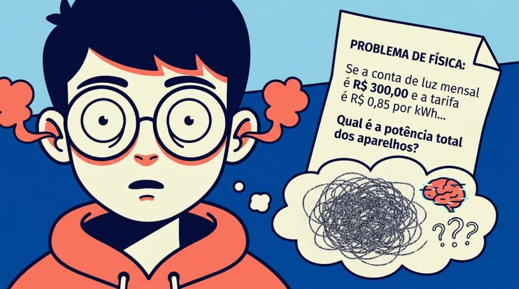 Ilustração em estilo cartoon focada no plano médio de um jovem de óculos redondos e moletom laranja que encara a tela com uma expressão de extrema confusão, com jatos de fumaça vermelha saindo de suas orelhas pelo esforço mental. À direita, uma folha de papel simula uma questão do exame com o enunciado: "PROBLEMA DE FÍSICA: Se a conta de luz mensal é R$ 300,00 e a tarifa é R$ 0,85 por kWh... Qual é a potência total dos aparelhos?". Um balão de pensamento ao lado ilustra a mente do estudante confusa, contendo um grande emaranhado de linhas rabiscadas, um ícone de cérebro com falhas digitais e três pontos de interrogação ("???").