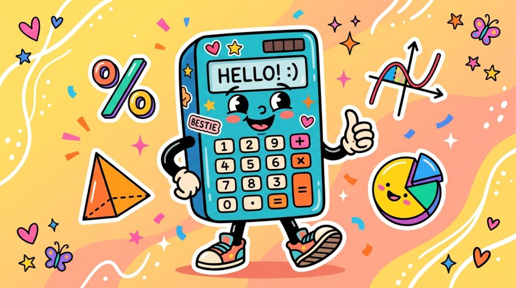 Uma ilustração em estilo cartoon e estampa de adesivos com fundo amarelo e ondulações coloridas. O personagem central é uma calculadora azul super carismática com pernas, braços, tênis e um grande sorriso, acenando com um joinha. Na tela dela, lê-se "HELLO! :)". Ao seu redor, flutuam adesivos de conceitos matemáticos: um símbolo de porcentagem (%) verde, uma pirâmide geométrica laranja, um gráfico de função matemática com eixos cartesianos e um gráfico de pizza colorido e sorridente.