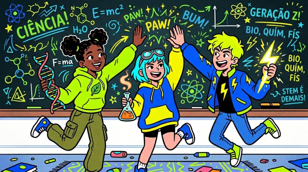 Uma ilustração enérgica e vibrante de três jovens da "Geração Z" pulando alegremente em comemoração na frente de um quadro-negro escolar. O quadro está repleto de fórmulas científicas (como E=mc^2 e F=ma), esquemas de átomos e moléculas, e frases em neon como "CIÊNCIA!" e "STEM É DEMAIS!". À esquerda, uma jovem negra segura um modelo tridimensional de DNA; no centro, uma jovem de cabelo azul e óculos de proteção segura um balão de laboratório com fumaça; à direita, um jovem de cabelo amarelo segura um raio luminoso brilhante.