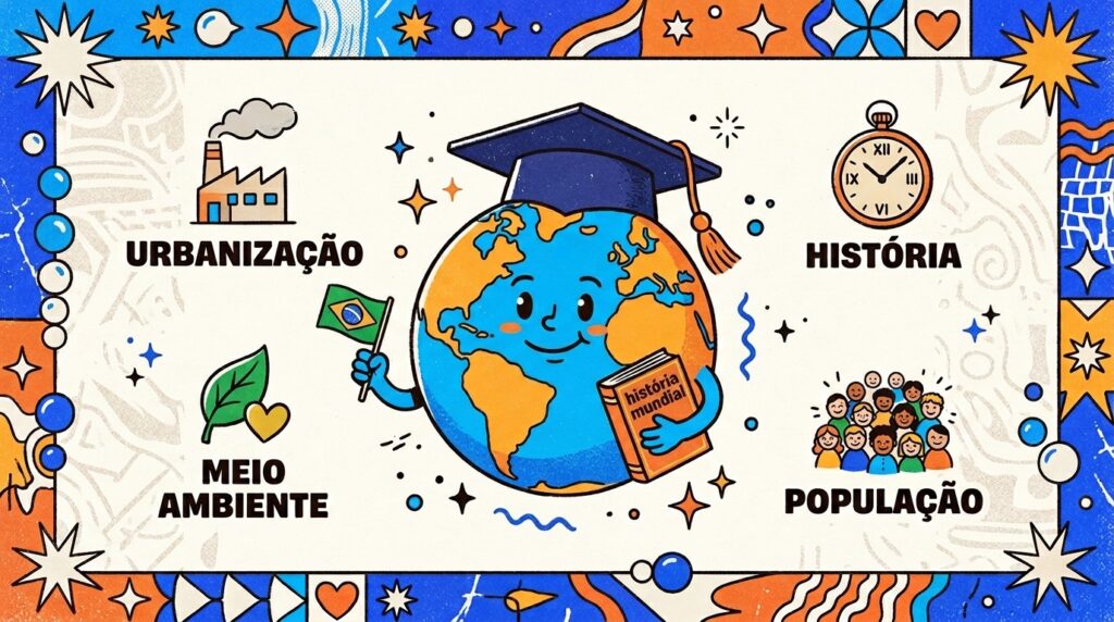 Infográfico ilustrado com uma moldura decorativa em tons de azul e laranja. No centro, há um planeta Terra humanizado com um rosto sorridente, vestindo um capelo (chapéu de formatura) preto, segurando uma pequena bandeira do Brasil e um livro laranja intitulado "história mundial". Ao redor do planeta, quatro tópicos importantes do ENEM são destacados com ícones e legendas: "URBANIZAÇÃO" (ícone de fábrica), "MEIO AMBIENTE" (ícone de folha com coração), "HISTÓRIA" (ícone de relógio de bolso) e "POPULAÇÃO" (ícone de um grupo de pessoas diversas).