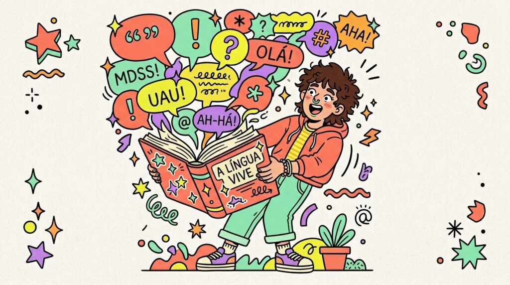Uma ilustração lúdica de uma pessoa jovem de cabelos cacheados e moletom laranja abrindo um livro gigante com a capa decorada por estrelas e o título "A LÍNGUA VIVE". Da parte interna do livro aberto, explode uma grande nuvem colorida de balões de diálogo, aspas (“ ”), pontos de exclamação e interrogação, e gírias ou expressões como "UAU!", "OLÁ!", "MDSS!" e "AH-HA!", simbolizando a dinâmica e a evolução da comunicação e da linguagem.
