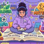 Ilustração detalhada em estilo anime de uma estudante concentrada, usando fones de ouvido e um moletom roxo escrito "STAY FOCUSED" (Mantenha o foco). Ela está sentada de pernas cruzadas bem no centro de um livro gigante aberto no chão do seu quarto, intitulado "LIVRO DE ESTUDOS - VESTIBULAR 2026". Ao redor dela, destacam-se grandes adesivos coloridos que categorizam as matérias essenciais: "BIOLOGIA" (com DNA e folhas), "GEOGRAFIA" (com globo e bússola), "REDAÇÃO" (com papel e caneta tinteiro), "MATEMÁTICA" (com fórmulas e formas geométricas) e "QUÍMICA" (com tubos de ensaio e moléculas).