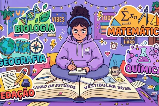 Ilustração detalhada em estilo anime de uma estudante concentrada, usando fones de ouvido e um moletom roxo escrito "STAY FOCUSED" (Mantenha o foco). Ela está sentada de pernas cruzadas bem no centro de um livro gigante aberto no chão do seu quarto, intitulado "LIVRO DE ESTUDOS - VESTIBULAR 2026". Ao redor dela, destacam-se grandes adesivos coloridos que categorizam as matérias essenciais: "BIOLOGIA" (com DNA e folhas), "GEOGRAFIA" (com globo e bússola), "REDAÇÃO" (com papel e caneta tinteiro), "MATEMÁTICA" (com fórmulas e formas geométricas) e "QUÍMICA" (com tubos de ensaio e moléculas).