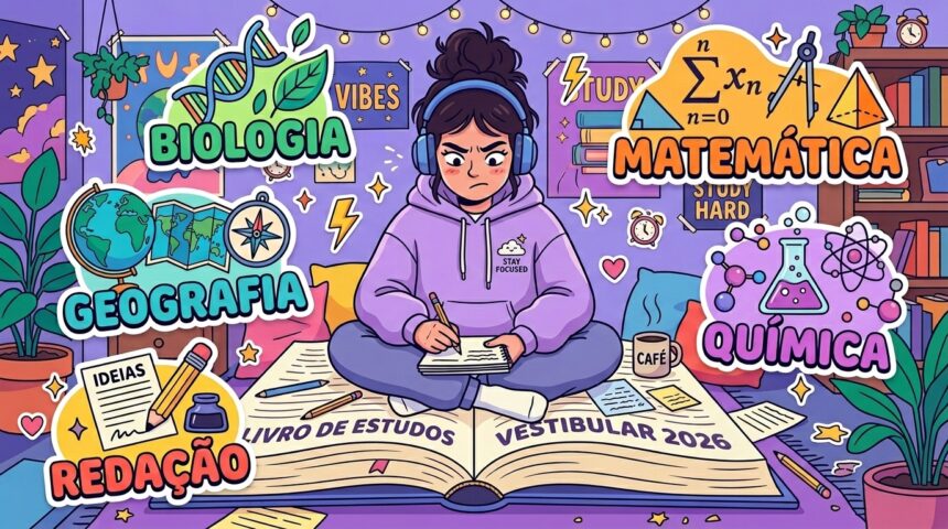 Ilustração detalhada em estilo anime de uma estudante concentrada, usando fones de ouvido e um moletom roxo escrito "STAY FOCUSED" (Mantenha o foco). Ela está sentada de pernas cruzadas bem no centro de um livro gigante aberto no chão do seu quarto, intitulado "LIVRO DE ESTUDOS - VESTIBULAR 2026". Ao redor dela, destacam-se grandes adesivos coloridos que categorizam as matérias essenciais: "BIOLOGIA" (com DNA e folhas), "GEOGRAFIA" (com globo e bússola), "REDAÇÃO" (com papel e caneta tinteiro), "MATEMÁTICA" (com fórmulas e formas geométricas) e "QUÍMICA" (com tubos de ensaio e moléculas).