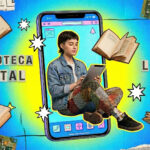 Colagem digital com fundo texturizado em tons degradê de azul e amarelo. No centro, há a moldura de um smartphone gigante. Sobrepondo a tela do celular, recortes mostram uma jovem de cabelos curtos usando jaqueta jeans e calça de retalhos, segurando e olhando para um tablet. Ao redor dela flutuam livros antigos abertos; na capa de um deles lê-se "LITERATURA BRASILEIRA" e em outro "CIÊNCIAS HUMANAS". O texto principal, feito com recortes de letras de jornal, diz "BIBLIOTECA DIGITAL" do lado esquerdo e "LIVROS MEC" do lado direito. Estrelas brancas pixeladas e pedaços de placas de circuito impresso verdes nos cantos completam a composição.