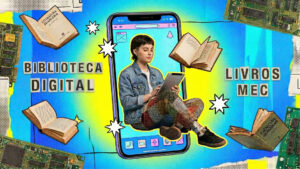 Colagem digital com fundo texturizado em tons degradê de azul e amarelo. No centro, há a moldura de um smartphone gigante. Sobrepondo a tela do celular, recortes mostram uma jovem de cabelos curtos usando jaqueta jeans e calça de retalhos, segurando e olhando para um tablet. Ao redor dela flutuam livros antigos abertos; na capa de um deles lê-se "LITERATURA BRASILEIRA" e em outro "CIÊNCIAS HUMANAS". O texto principal, feito com recortes de letras de jornal, diz "BIBLIOTECA DIGITAL" do lado esquerdo e "LIVROS MEC" do lado direito. Estrelas brancas pixeladas e pedaços de placas de circuito impresso verdes nos cantos completam a composição.