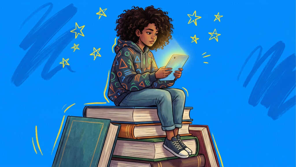 Ilustração com fundo azul vibrante mostrando uma jovem negra de cabelos cacheados volumosos sentada sobre uma grande pilha de livros grossos. Ela veste um moletom escuro estampado com formas geométricas coloridas, calça jeans e tênis. A jovem está com a atenção voltada para um tablet em suas mãos, que emite uma luz brilhante iluminando seu rosto. Ao redor dela, há desenhos simples de estrelas amarelas e traços rabiscados decorando o fundo.