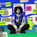 Colagem digital vibrante e caótica com estética "glitch art". No centro, a foto de uma jovem negra com cabelo afro, usando um casaco de estilo utilitário azul e branco, está sentada de pernas cruzadas. Ela está cercada por uma "nuvem" de lembretes flutuantes sobre um fundo azul intenso. Há "Post-its" verdes e rosas com as palavras "BIOLOGIA", "MATEMÁTICA", "HISTÓRIA", "A FAZER: RELATÓRIO DE LAB", "FAZENDO: LEITURAS" e "FEITO: REDAÇÃO". Ao fundo, texturas de papel rasgado, ícones de interface e efeitos de distorção digital e códigos de barras. Textos grandes com efeito de glitch dizem: "APRENDIZADO DO FUTURO", "FALHA NO SISTEMA" e "DESCARREGO CEREBRAL".