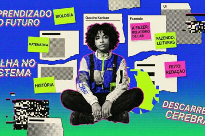 Colagem digital vibrante e caótica com estética "glitch art". No centro, a foto de uma jovem negra com cabelo afro, usando um casaco de estilo utilitário azul e branco, está sentada de pernas cruzadas. Ela está cercada por uma "nuvem" de lembretes flutuantes sobre um fundo azul intenso. Há "Post-its" verdes e rosas com as palavras "BIOLOGIA", "MATEMÁTICA", "HISTÓRIA", "A FAZER: RELATÓRIO DE LAB", "FAZENDO: LEITURAS" e "FEITO: REDAÇÃO". Ao fundo, texturas de papel rasgado, ícones de interface e efeitos de distorção digital e códigos de barras. Textos grandes com efeito de glitch dizem: "APRENDIZADO DO FUTURO", "FALHA NO SISTEMA" e "DESCARREGO CEREBRAL".