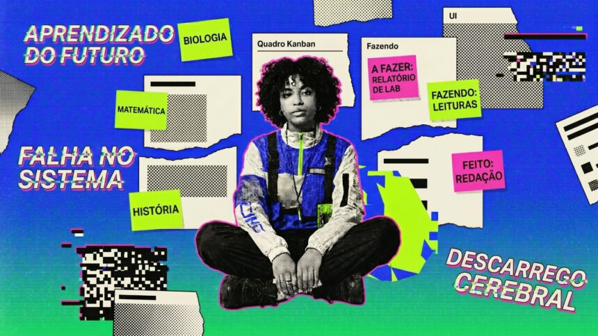 Colagem digital vibrante e caótica com estética "glitch art". No centro, a foto de uma jovem negra com cabelo afro, usando um casaco de estilo utilitário azul e branco, está sentada de pernas cruzadas. Ela está cercada por uma "nuvem" de lembretes flutuantes sobre um fundo azul intenso. Há "Post-its" verdes e rosas com as palavras "BIOLOGIA", "MATEMÁTICA", "HISTÓRIA", "A FAZER: RELATÓRIO DE LAB", "FAZENDO: LEITURAS" e "FEITO: REDAÇÃO". Ao fundo, texturas de papel rasgado, ícones de interface e efeitos de distorção digital e códigos de barras. Textos grandes com efeito de glitch dizem: "APRENDIZADO DO FUTURO", "FALHA NO SISTEMA" e "DESCARREGO CEREBRAL".
