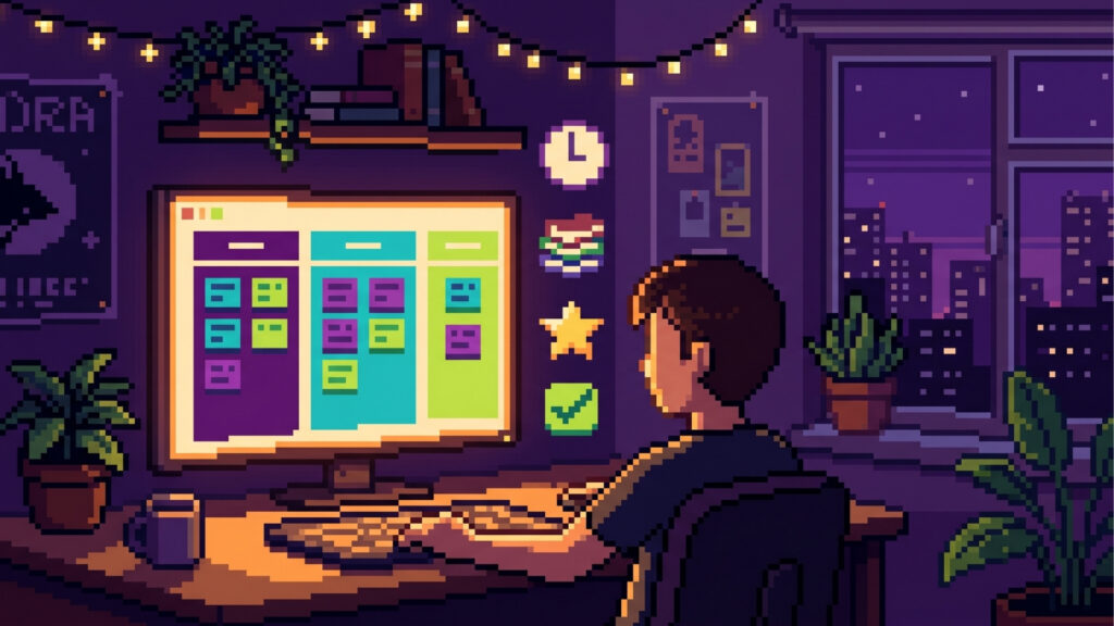 Ilustração em estilo pixel art de um ambiente de estudo noturno acolhedor, em tons de roxo e laranja. Um jovem está sentado de costas, focado em um grande monitor de computador que exibe um quadro Kanban organizado em três colunas coloridas (roxo, azul claro e verde) com cartões de tarefas. Acima da mesa, há uma prateleira com livros e uma planta, e na parede flutuam ícones de pixel art: um relógio, livros empilhados, uma estrela e um check de confirmação. Uma janela ao fundo mostra a silhueta de uma cidade à noite e outras plantas estão espalhadas pelo quarto.
