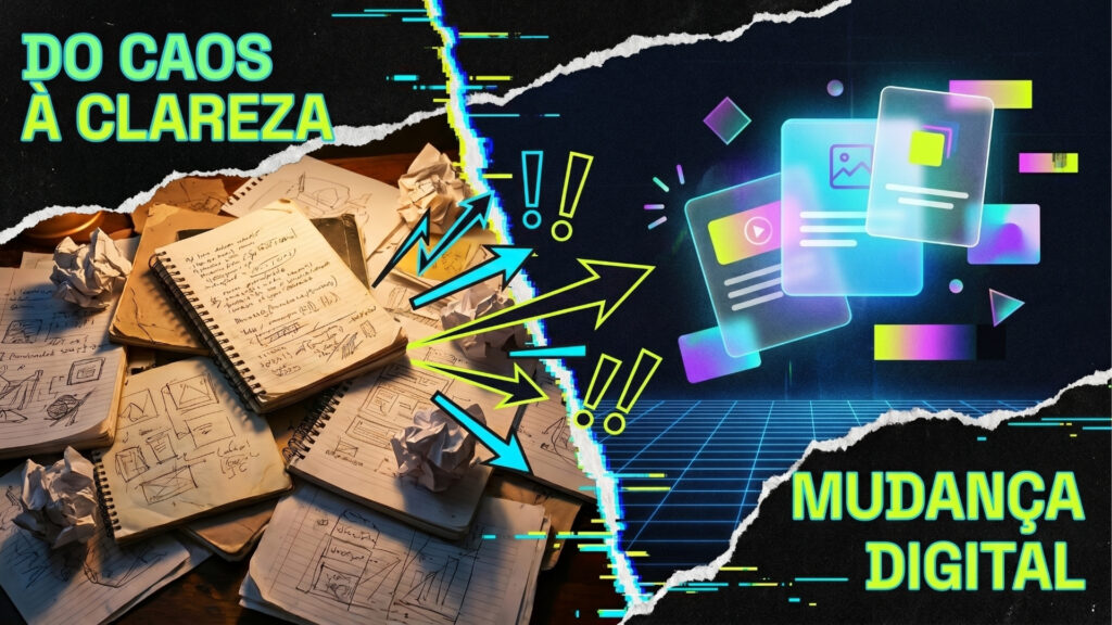 Imagem conceitual dividida diagonalmente por uma linha de falha digital colorida (glitch). O lado esquerdo, sob uma luz quente, mostra uma mesa bagunçada com pilhas de cadernos abertos cheios de anotações e esboços à mão, além de bolinhas de papel amassado, representando a desorganização física. O lado direito é um ambiente digital escuro com uma grade de perspectiva, onde flutuam janelas de interface transparentes e brilhantes com ícones de vídeo, imagem e texto, representando a organização digital. Setas amarelas brilhantes apontam da bagunça física para a clareza digital. No canto superior esquerdo, o texto diz "DO CAOS À CLAREZA", e no inferior direito, "MUDANÇA DIGITAL".