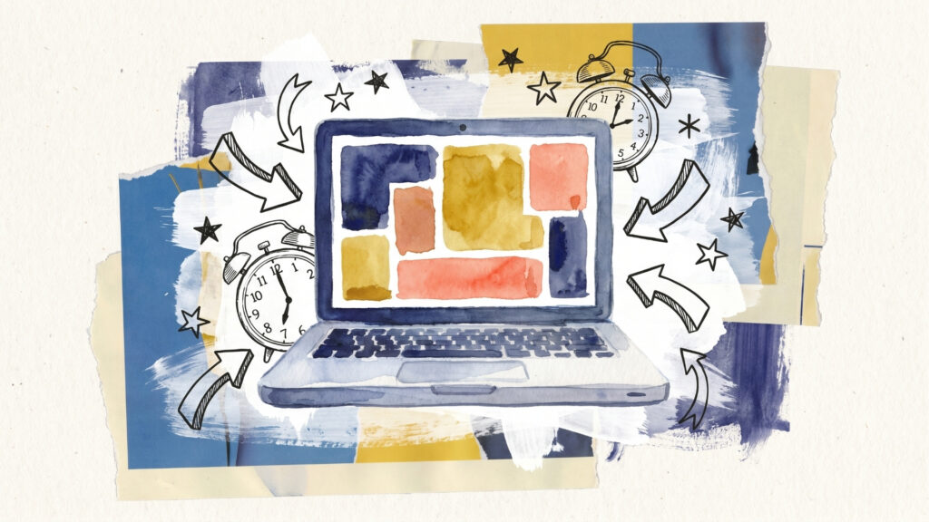 Ilustração em aquarela com estilo de colagem. No centro, um laptop cinza exibe na tela blocos geométricos coloridos (amarelo, azul, laranja) que remetem a janelas de navegação. Ao redor do computador, há desenhos de dois despertadores antigos marcando horários diferentes, estrelas e diversas setas curvadas que apontam para a tela, sugerindo fluxo de informações, gestão de tempo e multitarefa. O fundo é composto por pedaços de papel rasgados em tons de azul e amarelo sobre uma textura de linho.