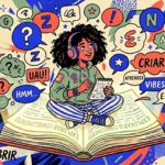 Uma ilustração expressiva e movimentada com foco em uma jovem de cabelos cacheados volumosos e fones de ouvido rosa. Ela está sentada de pernas cruzadas no centro de um livro gigante aberto, cujas páginas exibem a frase repetida "EXPLORAR O CONHECIMENTO". Enquanto faz anotações concentrada em um pequeno bloco de notas, a personagem é envolvida por um turbilhão de balões de pensamento e diálogos repletos de símbolos gráficos, letras e palavras de incentivo como "CRIAR!", "IDEIAS!", "VIBES" e "POR QUÊ?". Ao redor da composição abstrata e texturizada de fundo, destacam-se grandes termos em preto: "A ERA DIGITAL", "EDITORIAL", "CURIOSIDADE", "DESCOBRIR" e "EXPLORAR".