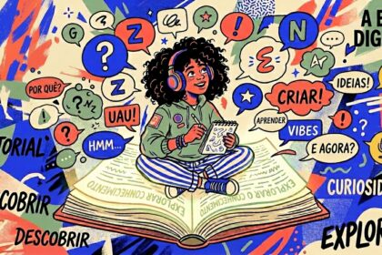 Uma ilustração expressiva e movimentada com foco em uma jovem de cabelos cacheados volumosos e fones de ouvido rosa. Ela está sentada de pernas cruzadas no centro de um livro gigante aberto, cujas páginas exibem a frase repetida "EXPLORAR O CONHECIMENTO". Enquanto faz anotações concentrada em um pequeno bloco de notas, a personagem é envolvida por um turbilhão de balões de pensamento e diálogos repletos de símbolos gráficos, letras e palavras de incentivo como "CRIAR!", "IDEIAS!", "VIBES" e "POR QUÊ?". Ao redor da composição abstrata e texturizada de fundo, destacam-se grandes termos em preto: "A ERA DIGITAL", "EDITORIAL", "CURIOSIDADE", "DESCOBRIR" e "EXPLORAR".