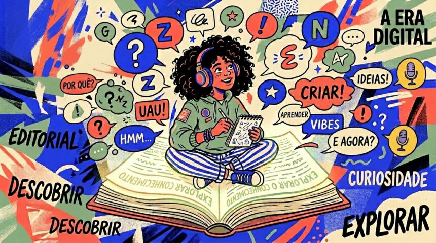 Uma ilustração expressiva e movimentada com foco em uma jovem de cabelos cacheados volumosos e fones de ouvido rosa. Ela está sentada de pernas cruzadas no centro de um livro gigante aberto, cujas páginas exibem a frase repetida "EXPLORAR O CONHECIMENTO". Enquanto faz anotações concentrada em um pequeno bloco de notas, a personagem é envolvida por um turbilhão de balões de pensamento e diálogos repletos de símbolos gráficos, letras e palavras de incentivo como "CRIAR!", "IDEIAS!", "VIBES" e "POR QUÊ?". Ao redor da composição abstrata e texturizada de fundo, destacam-se grandes termos em preto: "A ERA DIGITAL", "EDITORIAL", "CURIOSIDADE", "DESCOBRIR" e "EXPLORAR".