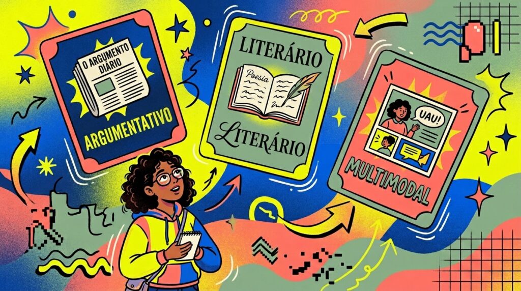 Uma ilustração digital vibrante e colorida que mostra uma jovem de óculos e moletom colorido olhando para cima com atenção. Acima dela, flutuam três cartões didáticos estilizados que representam formatos textuais recorrentes na prova de Linguagens do ENEM: O primeiro cartão (à esquerda, em vermelho e azul) exibe a imagem de um jornal impresso com a legenda "ARGUMENTATIVO"; O segundo (ao centro, em amarelo e verde) mostra um livro aberto com uma pena clássica e a legenda "LITERÁRIO"; O terceiro (à direita, em verde e rosa) apresenta um formato de história em quadrinhos com a legenda "MULTIMODAL". O fundo é dinâmico, composto por formas abstratas em tons de amarelo, azul e verde, decorado com pequenas estrelas e setas flutuantes.