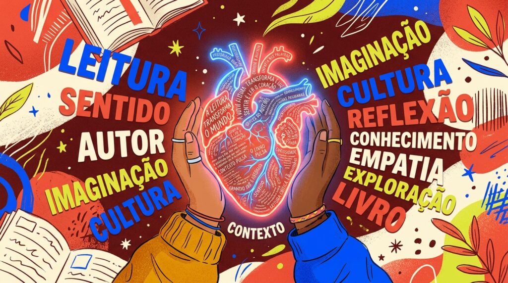 ma ilustração conceitual e artística com fundo marrom-escuro texturizado. No centro, duas mãos de tons de pele retintos e com pulseiras coloridas seguram de forma acolhedora um coração anatômico humano que brilha com contornos de neon azul e vermelho. No interior do órgão estão gravadas frases pequenas, entre elas "A LEITURA TRANSFORMA O MUNDO" e "CONTEXTO PULSA". Flutuando ao redor das mãos, uma série de palavras-chave fundamentais para a análise literária aparecem escritas em letras grandes e coloridas, como "LEITURA", "SENTIDO", "AUTOR", "IMAGINAÇÃO", "CULTURA", "REFLEXÃO", "EMPATIA" e "CONTEXTO". Livros abertos e folhagens tropicais decoram discretamente os cantos da imagem.