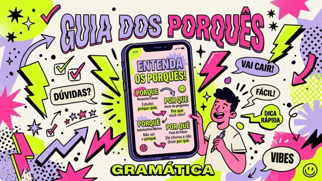 Infográfico vibrante em estilo "pop art" e quadrinhos com o título "GUIA DOS PORQUÊS". No centro, a tela de um smartphone exibe as regras: Porque (resposta/causa), Por que (início de perguntas), Porquê (substantivo/motivo) e Por quê (final de frases). Ao lado do celular, um jovem sorridente segura uma caneta. O fundo é preenchido com elementos dinâmicos como raios verdes e rosas, estrelas, setas e balões de fala com as frases "Dúvidas?", "Vai cair!", "Fácil!" e "Dica rápida".
