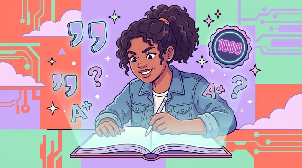 Ilustração colorida de uma jovem negra com cabelos cacheados presos em um rabo de cavalo, escrevendo com entusiasmo em um caderno aberto que emite um brilho azulado. Ao redor dela, flutuam ícones neon de aspas, pontos de interrogação, a nota "A+" e um selo com o número "1000". O fundo é composto por blocos de cores pastéis e padrões que remetem a circuitos eletrônicos e tecnologia.