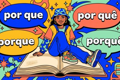 Ilustração de estilo moderno e psicodélico. Uma jovem estilosa, usando um chapéu bucket azul e roupas coloridas, está sentada sobre um livro gigante aberto. Ao seu redor, quatro grandes balões de fala destacam as variações: "por que", "por quê", "porque" e "porquê". O fundo é uma explosão de cores azul, amarelo e laranja, repleto de estrelas e formas geométricas abstratas. No canto inferior direito, há um pequeno ícone de um livro estilizado.