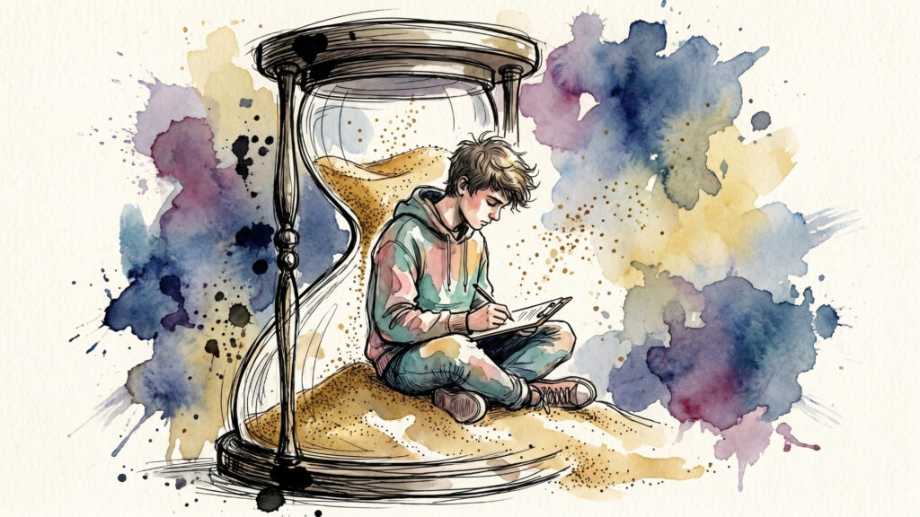 Pintura em aquarela de um jovem sentado de pernas cruzadas dentro da base de uma grande ampulheta. Ele está focado, escrevendo em uma prancheta. A areia da ampulheta cai ao seu redor, e o fundo é decorado com manchas expressivas de aquarela em tons de roxo, azul e amarelo, sugerindo a passagem do tempo e a imersão nos estudos.