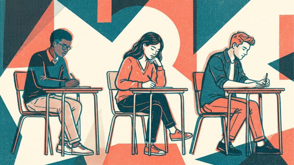 Ilustração em estilo retrô com hachuras e cores limitadas (azul, coral e creme). Três estudantes — um rapaz negro à esquerda, uma moça ao centro e um rapaz branco à direita — estão sentados em classes escolares individuais, concentrados escrevendo em seus cadernos. O fundo é composto por grandes formas geométricas abstratas que criam uma sensação de dinamismo.