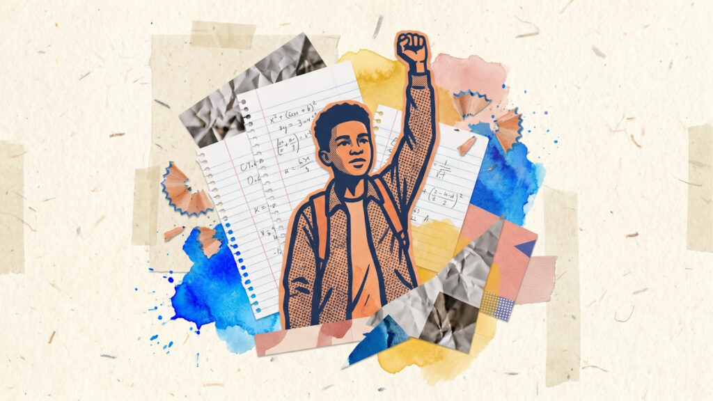 Colagem artística sobre um fundo de papel texturizado. No centro, a ilustração de um jovem negro com mochila, levantando o punho direito em um gesto de resistência e vitória. Ao redor dele, há elementos escolares sobrepostos: folhas de caderno com equações matemáticas, manchas de tinta guache azul e amarela, aparas de lápis e pedaços de papel rasgado com texturas geométricas.