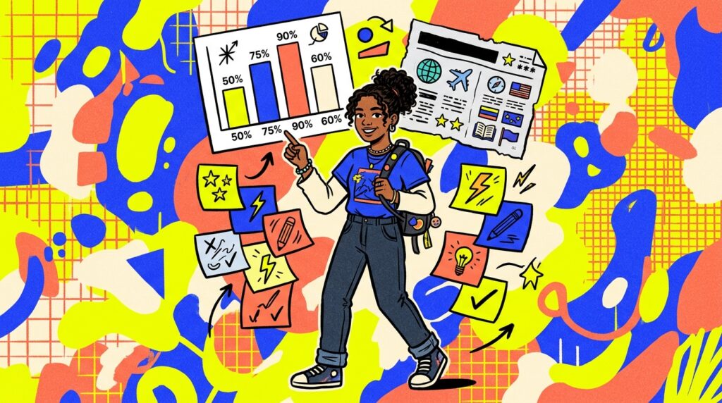 Ilustração de uma jovem negra com cabelo preso em um coque, usando mochila, calça jeans e camiseta azul. Ela está de pé e aponta o dedo para um gráfico de barras flutuante que exibe diferentes porcentagens (50%, 75%, 90%, 60%). Ao redor dela, flutuam vários post-its coloridos contendo ícones desenhados à mão, como lâmpadas, raios, lápis, estrelas e sinais de "correto". No canto superior direito, flutua um recorte de jornal com ícones de globo, avião e bandeiras. O fundo é um padrão abstrato de formas orgânicas nas cores azul, amarelo, vermelho e branco, com texturas pontilhadas e quadriculadas.