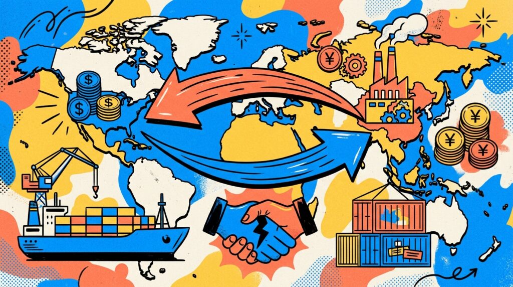 Ilustração de um mapa-múndi estilizado com foco em geopolítica e economia. Duas grandes setas curvas, uma vermelha e uma azul, cruzam o mapa conectando o ocidente ao oriente. Do lado esquerdo (Américas), há pilhas de moedas azuis com o símbolo do dólar ($) e um navio cargueiro com guindaste. Do lado direito (Ásia), há uma fábrica soltando fumaça, pilhas de moedas laranjas com o símbolo do iene/yuan (¥) e contêineres de carga. Na parte inferior central, há a ilustração de um aperto de mãos com um raio preto dividindo as mãos, simbolizando tensão ou um forte acordo comercial. O fundo apresenta manchas de cores vibrantes e texturas.