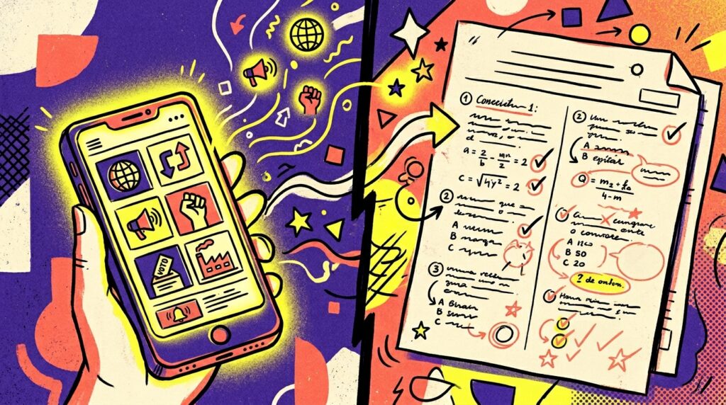Ilustração dividida em duas metades com fundo roxo e laranja decorado com formas abstratas. Na metade esquerda, uma mão segura um smartphone que emite um brilho amarelo. A tela do celular exibe uma grade com ícones de atualidades e sociedade: um globo, setas de câmbio, um megafone, um punho erguido, uma urna de votação e uma fábrica. Desses ícones, símbolos flutuam para fora da tela. Uma grande seta amarela cruza do celular para a metade direita da imagem, apontando para uma folha de papel que parece ser uma prova ou caderno de estudos. A folha contém textos manuscritos simulados, equações matemáticas, círculos vermelhos e vários símbolos de "correto" (check) indicando correção ou revisão.