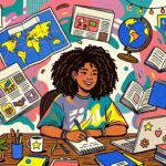 Ilustração colorida e vibrante de uma jovem negra sorridente com cabelo crespo volumoso estudando em uma mesa de madeira. Ela segura uma caneta e escreve em um caderno. Na mesa, há um laptop decorado com adesivos, uma xícara, canetas, livros e vasos de plantas. O fundo é uma composição caótica e artística cheia de elementos flutuantes relacionados aos estudos: um mapa-múndi, um globo terrestre, livros voando, folhas de anotações e páginas de jornal mostrando ilustrações de protestos e bandeiras. O estilo é de arte pop, com cores fortes como azul, rosa, amarelo e verde.