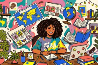 Ilustração colorida e vibrante de uma jovem negra sorridente com cabelo crespo volumoso estudando em uma mesa de madeira. Ela segura uma caneta e escreve em um caderno. Na mesa, há um laptop decorado com adesivos, uma xícara, canetas, livros e vasos de plantas. O fundo é uma composição caótica e artística cheia de elementos flutuantes relacionados aos estudos: um mapa-múndi, um globo terrestre, livros voando, folhas de anotações e páginas de jornal mostrando ilustrações de protestos e bandeiras. O estilo é de arte pop, com cores fortes como azul, rosa, amarelo e verde.