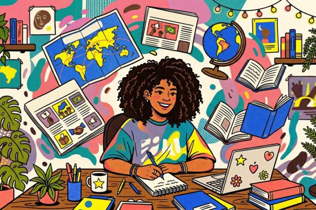 Ilustração colorida e vibrante de uma jovem negra sorridente com cabelo crespo volumoso estudando em uma mesa de madeira. Ela segura uma caneta e escreve em um caderno. Na mesa, há um laptop decorado com adesivos, uma xícara, canetas, livros e vasos de plantas. O fundo é uma composição caótica e artística cheia de elementos flutuantes relacionados aos estudos: um mapa-múndi, um globo terrestre, livros voando, folhas de anotações e páginas de jornal mostrando ilustrações de protestos e bandeiras. O estilo é de arte pop, com cores fortes como azul, rosa, amarelo e verde.