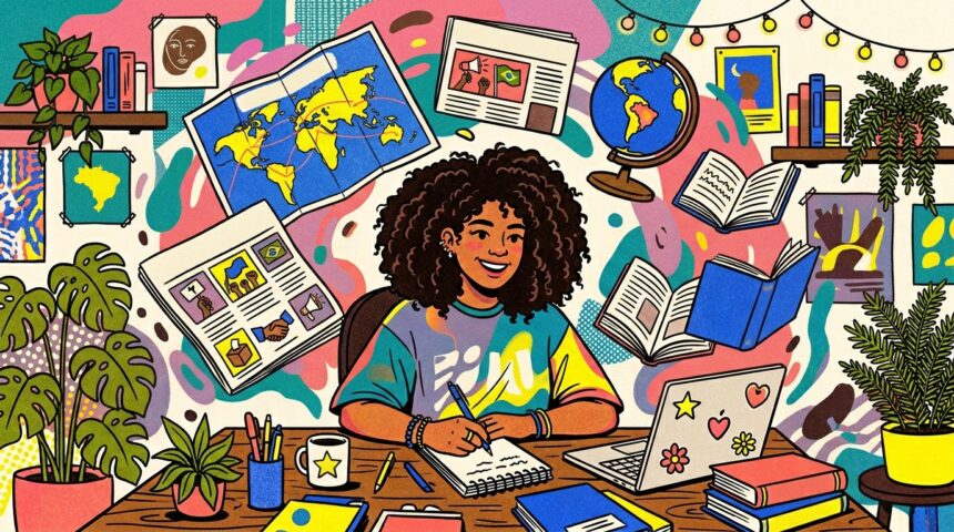 Ilustração colorida e vibrante de uma jovem negra sorridente com cabelo crespo volumoso estudando em uma mesa de madeira. Ela segura uma caneta e escreve em um caderno. Na mesa, há um laptop decorado com adesivos, uma xícara, canetas, livros e vasos de plantas. O fundo é uma composição caótica e artística cheia de elementos flutuantes relacionados aos estudos: um mapa-múndi, um globo terrestre, livros voando, folhas de anotações e páginas de jornal mostrando ilustrações de protestos e bandeiras. O estilo é de arte pop, com cores fortes como azul, rosa, amarelo e verde.