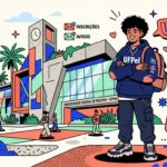 Ilustração informativa de um campus universitário. Em primeiro plano, à direita, um jovem negro de cabelo crespo e sorridente posa de braços cruzados vestindo um moletom azul-escuro com a marca "UFPel" e uma mochila nas costas. Ao fundo, destaca-se o prédio moderno da Universidade Federal de Pelotas com sua torre de relógio e alunos caminhando. Do lado esquerdo, dois ícones de calendário indicam os meses de "JULHO" e "AGOSTO" acompanhados da etiqueta "INSCRIÇÕES ABRETA!". À direita, blocos de texto estilizados destacam as siglas das principais instituições da região: UFPel, UCPel, FURG e IFSul.