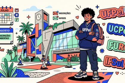 Ilustração informativa de um campus universitário. Em primeiro plano, à direita, um jovem negro de cabelo crespo e sorridente posa de braços cruzados vestindo um moletom azul-escuro com a marca "UFPel" e uma mochila nas costas. Ao fundo, destaca-se o prédio moderno da Universidade Federal de Pelotas com sua torre de relógio e alunos caminhando. Do lado esquerdo, dois ícones de calendário indicam os meses de "JULHO" e "AGOSTO" acompanhados da etiqueta "INSCRIÇÕES ABRETA!". À direita, blocos de texto estilizados destacam as siglas das principais instituições da região: UFPel, UCPel, FURG e IFSul.