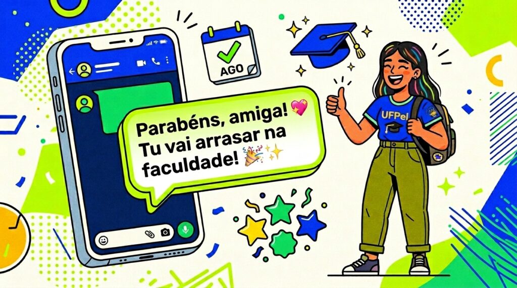 Ilustração digital festiva e colorida. À esquerda, a tela de um smartphone exibe um balão de conversa verde com a mensagem carinhosa: "Parabéns, amiga! Tu vai arrasar na faculdade! 🎉✨💖". À direita, uma jovem estudante sorridente com mechas coloridas no cabelo comemora dando um sinal de positivo. Ela veste calça verde e uma camiseta azul com a inscrição "UFPel" abaixo do desenho de um capelo (chapéu de formatura). Acima dela, flutuam estrelas e um ícone de calendário marcando o mês de agosto ("AGO") com um visto de confirmado.