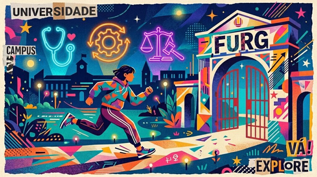 Ilustração artística e vibrante em estilo pop-art noturno. Uma jovem com casaco colorido e calça de moletom aparece correndo em direção a um grande pórtico de entrada iluminado, que traz a inscrição "FURG" no topo em letras garrafais. No céu estrelado ao fundo, brilham três grandes ícones em neon que representam áreas de estudo: um estetoscópio (Saúde/Medicina), uma engrenagem (Engenharias/Tecnologia) e uma balança com martelo (Direito). Textos em estilo colagem de jornal nas bordas trazem as palavras "UNIVERSIDADE", "CAMPUS" e "VÁ! EXPLORE".