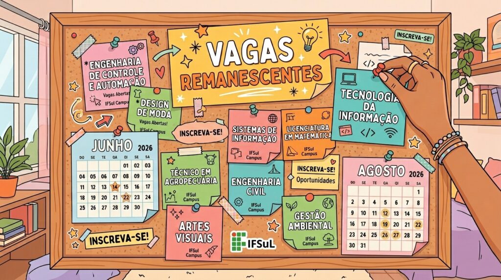 Ilustração detalhada de um quadro de avisos de cortiça focado em oportunidades de estudo no IFSul. Uma mão adorna o mural fixando um bilhete azul escrito "TECNOLOGIA DA INFORMAÇÃO". No centro, uma faixa amarela destaca o título "VAGAS REMANESCENTES". Ao redor, há diversos papéis coloridos listando cursos como Engenharia de Controle e Automação, Design de Moda, Técnico em Agropecuária, Artes Visuais, Sistemas de Informação, Engenharia Civil, Licenciatura em Matemática e Gestão Ambiental. Na parte inferior, constam o logotipo do IFSul e as folhas de calendário dos meses de Junho de 2026 e Agosto de 2026 com datas específicas marcadas.