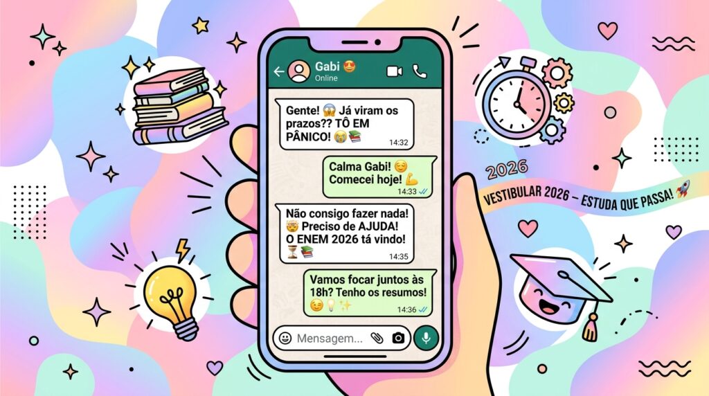 Ilustração colorida em estilo cartoon mostrando uma mão que segura um smartphone com uma conversa de WhatsApp na tela. Na conversa, uma estudante chamada Gabi expressa pânico com os prazos do ENEM 2026, e seu amigo a acalma, sugerindo focar nos estudos e revisar resumos juntos às 18h. Ao redor do celular, há desenhos flutuantes de livros, um relógio com engrenagens, uma lâmpada acesa e uma faixa com os dizeres "Vestibular 2026 – Estuda que passa!". O fundo tem formas abstratas em tons pastel.