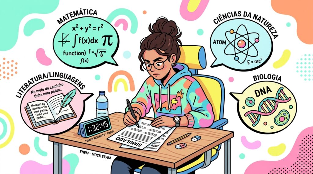 Ilustração em estilo cartoon de uma jovem de óculos e cabelos presos em um coque, concentrada estudando em sua mesa. Ela segura uma caneta e preenche uma folha escrita "SIMULADO" (ENEM Mock Exam). Na mesa, há uma garrafa d'água, borrachas, lápis e um cronômetro digital marcando 1 hora e 32 minutos restantes. Balões de pensamento ao redor dela indicam as matérias estudadas: Matemática (com fórmulas e gráficos), Literatura/Linguagens (com um livro aberto de poesia), Ciências da Natureza (com um átomo) e Biologia (com uma fita de DNA).