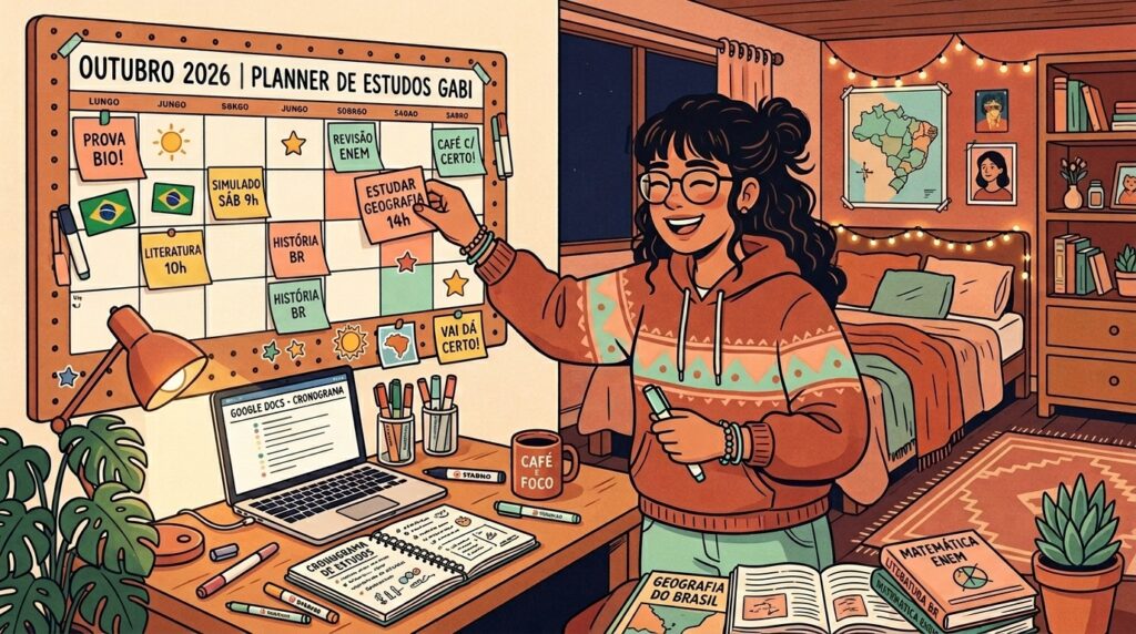 Ilustração em estilo cartoon de um quarto aconchegante iluminado por luzes pisca-pisca à noite. Uma jovem estudante sorridente, de óculos e moletom, organiza um mural de cortiça na parede intitulado "OUTUBRO 2026 | PLANNER DE ESTUDOS GABI". Ela cola um post-it laranja onde se lê "ESTUDAR GEOGRAFIA 14h". Na sua mesa de estudos, há um notebook aberto no Google Docs com um cronograma, cadernos de resumos, canetas coloridas, uma caneca escrita "CAFÉ E FOCO" e livros de Geografia do Brasil e Matemática ENEM empilhados.