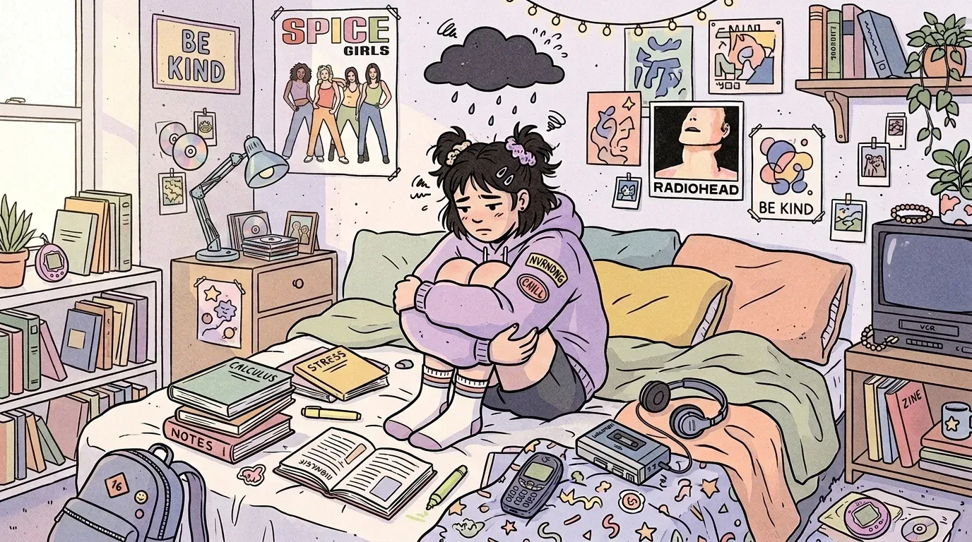 como pais podem ajudar filho no vestibular: Ilustração detalhada em tons pastéis e estilo lo-fi de uma adolescente asiática sentada no centro de sua cama, encolhida e abraçando os joelhos com uma expressão triste e preocupada. Acima de sua cabeça, há o desenho de uma pequena nuvem preta chovendo, simbolizando estresse. A cama está cheia de materiais de estudo espalhados, como canetas, um caderno aberto e livros com os títulos "Calculus" e "Stress", além de objetos retrô como um toca-fitas portátil, fones de ouvido e um celular antigo. As paredes do quarto estão repletas de pôsteres dos anos 90, incluindo "Spice Girls" e "Radiohead".
