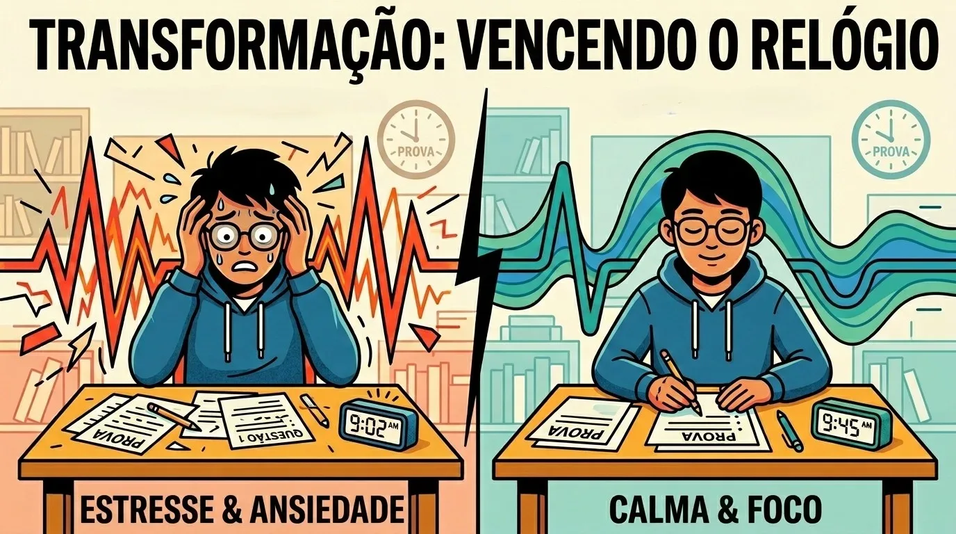 ansiedade antes do ENEM: Uma ilustração de comparação visual dividida ao meio, intitulada "TRANSFORMAÇÃO: VENCENDO O RELÓGIO". O lado esquerdo, sob o subtítulo "ESTRESSE & ANSIEDADE", mostra um estudante negro de óculos em pânico, suando e segurando a cabeça. Sua mesa está bagunçada com papéis de prova ("QUESTÃO 1", "PROVA") e um relógio digital marcando "9:02 AM". Uma onda senoidal vermelha e caótica está acima de sua cabeça. O lado direito, sob o subtítulo "CALMA & FOCO", mostra o mesmo estudante, agora calmo, sorrindo e escrevendo focado. Sua mesa está organizada com papéis de prova ("PROVA") e o relógio digital marcando "9:45 AM". Uma onda senoidal verde, suave e rítmica está acima de sua cabeça. O estilo é de quadrinhos com cores saturadas.