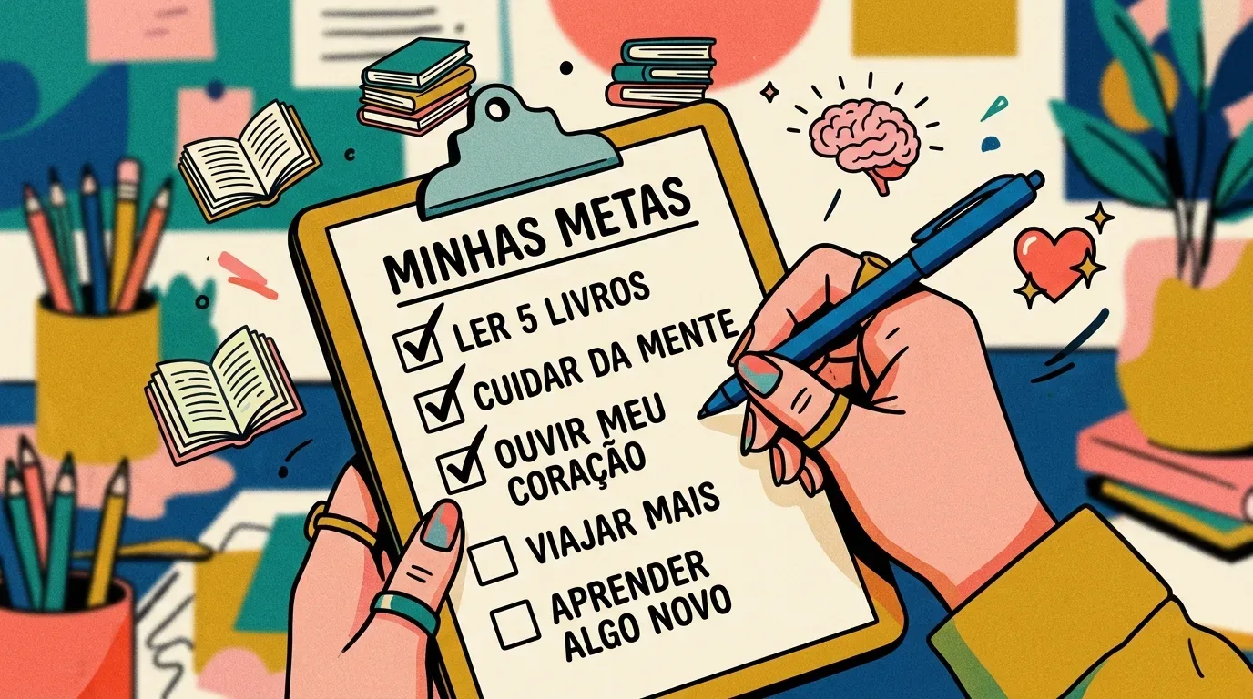 como escolher o melhor cursinho: Ilustração em close-up das mãos de uma pessoa segurando uma prancheta de madeira com uma folha de papel intitulada "MINHAS METAS". A mão direita segura uma caneta azul, terminando de preencher a lista. Estão marcados com um check os itens: "LER 5 LIVROS", "CUIDAR DA MENTE" e "OUVIR MEU CORAÇÃO". Os itens ainda não marcados são: "VIAJAR MAIS" e "APRENDER ALGO NOVO". O fundo é dinâmico e colorido, decorado com pequenos desenhos flutuantes de livros empilhados, lápis de cor, um coração vermelho e um ícone de cérebro brilhando.