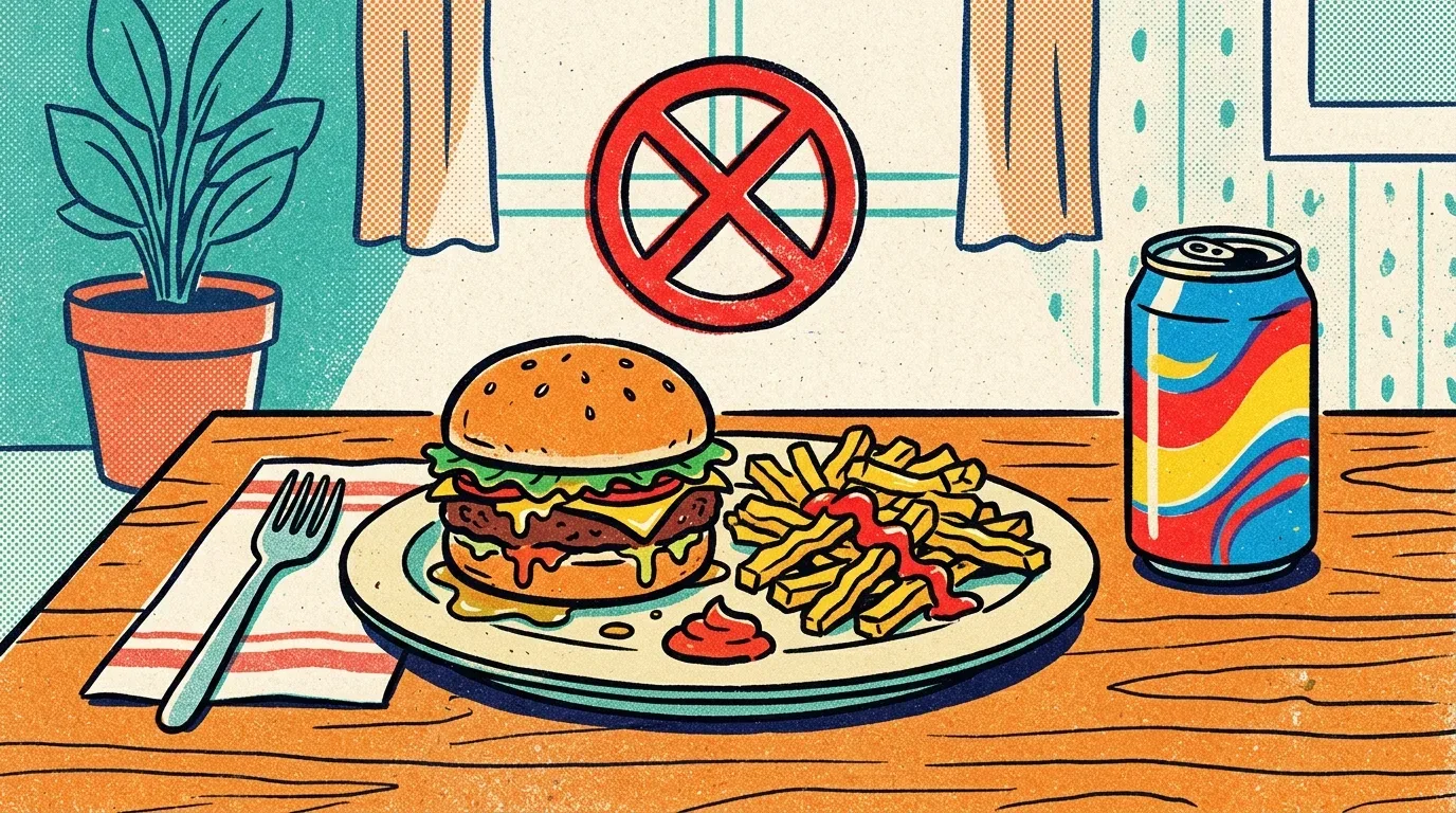 alimentação e desempenho nos estudos: Uma ilustração de estilo quadrinhos plana de um prato com um hambúrguer de queijo e carne, uma porção de batatas fritas com ketchup e um montinho de ketchup ao lado, sobre uma mesa de madeira. À esquerda, um garfo e guardanapo; à direita, uma lata de refrigerante colorida sem marca específica. Acima do prato, um grande símbolo de proibição vermelho (X dentro de um círculo) indica que essa refeição não é recomendada ou é proibida. O cenário inclui uma planta de vaso à esquerda e uma janela com cortinas ao fundo.