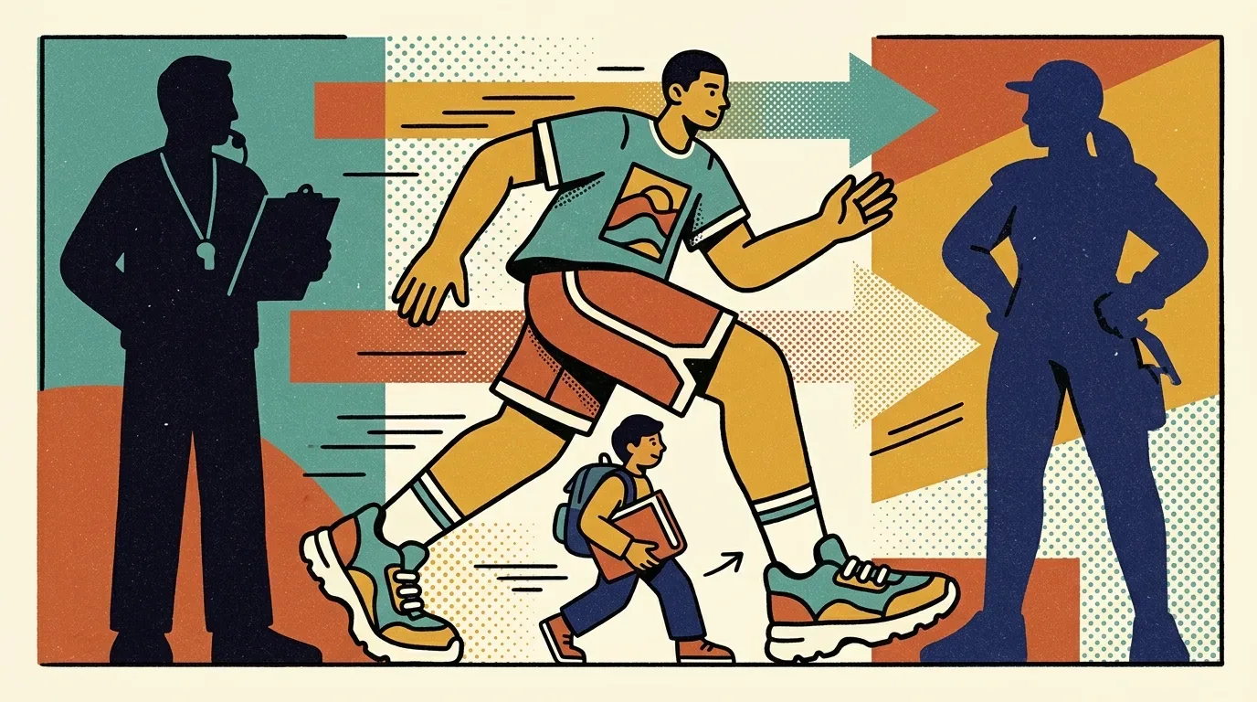quando trocar de cursinho preparatório: Uma ilustração vetorial texturizada e dinâmica de estilo retrô. No centro, uma figura maior de um jovem corredor colorido com pose de corrida dinâmica corre em direção à direita, vestindo uma camiseta azul-petróleo com gráfico de paisagem, bermuda laranja e tênis coloridos. Ele está flanqueado por silhuetas escuras e homogêneas: um árbitro com prancheta e apito à esquerda e uma mulher de boné de pé com as mãos nos quadris à direita. Abaixo do corredor central, uma figura menor e colorida de um menino com mochila carrega livros, correndo na mesma direção e pose. Setas grandes e texturizadas fluem no fundo, indicando movimento e progresso de direção, através de um fundo de blocos coloridos abstratos. O conceito simboliza a jornada da educação para a carreira e o papel do coaching.